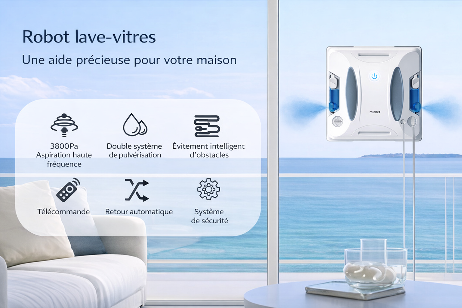 Robot lave-vitres automatique 3800 Pa 2 sprays avec application