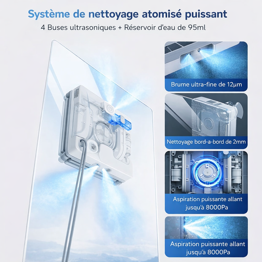 Robot lave-vitres automatique 8000 Pa 4 sprays avec application